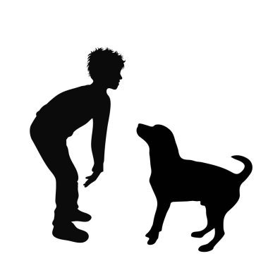 Köpeği tekmeleyen çocuğun vektör silueti. Hayvan istismarı sembolü.