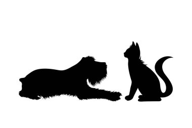 Beyaz arka planda kedisi olan köpeğin vektör silueti. Hayvanların, evcil hayvanların, çiftlerin, dostların sembolü.