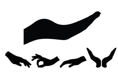 Beyaz arka planda el toplama vektörleri. Avuç içi sembolü, insanlar, parmak, tut, göster, logo, işaret, siluet.