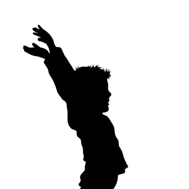 Beyaz arka plandaki oğlanın vektör silueti. Çocuk sembolü, çocukluk, okul, çocuksu, profil, selam, el sallama.