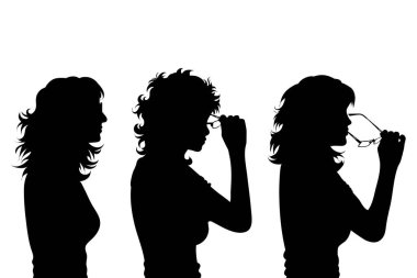 Beyaz arka planda gözlüklü kadınların yüz koleksiyonunun vektör silueti. Kız, insan, kafa, saç, yüz, profil sembolü