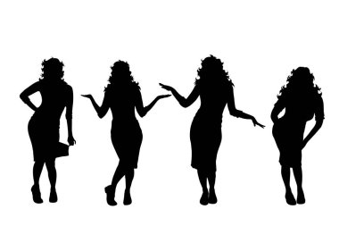 Beyaz arka planda farklı pozlarda kadın koleksiyonunun vektör silueti. Kızların sembolü, insanlar, sağlıklı, dans, vücut.