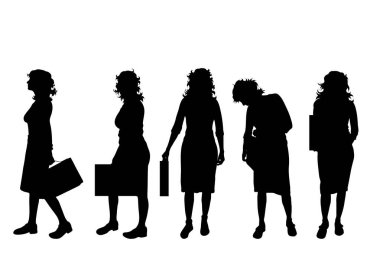 Beyaz arka planda iş kadınlarının oluşturduğu siluet. Kız, insan, iş, iş, menajer, takım, yürüyüş, vücut sembolü.