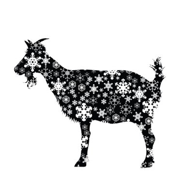 Beyaz arka planda karlı keçi silueti. Kış, çiftlik, üreme, bahçe, hayvan, mevsim, kar, soğuk, kar tanesi, Noel, don.