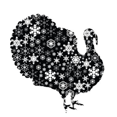 Beyaz arka planda karlı hindinin vektör silueti. Kışın sembolü, çiftlik, kuş, üreme, bahçe, hayvan, mevsim, kar, soğuk, kar tanesi, Noel, don.