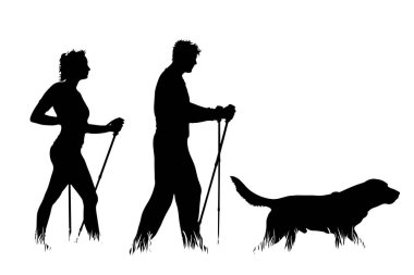 Beyaz arka planda çimlerde köpeği olan çiftlerin vektör silueti. Kız, erkek, karı, koca, evcil hayvan, insan, doğa, park, yürüyüş, İskandinav.