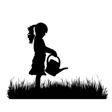 Bahçede beyaz arka planda çocuk çalışmalarının vektör silueti. Kız sembolü, ıslak, çimen, bebek, çocukluk, doğa, park, bahçe.