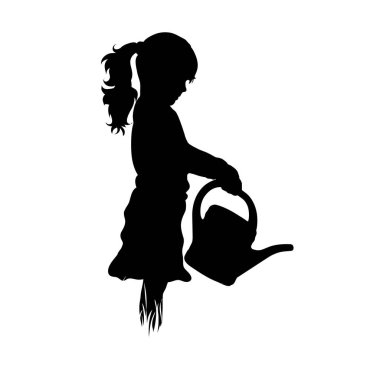 Bahçede beyaz arka planda çocuk çalışmalarının vektör silueti. Kız sembolü, ıslak, çimen, bebek, çocukluk, doğa, park, bahçe.