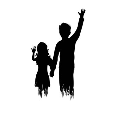 Beyaz arka plandaki çimlerin üzerindeki kardeşlerin silueti. Kız, erkek, kız, erkek kardeş, erkek kardeş, aile, arkadaşlar, bebek, çocukluk, doğa, park, bahçe sembolü.