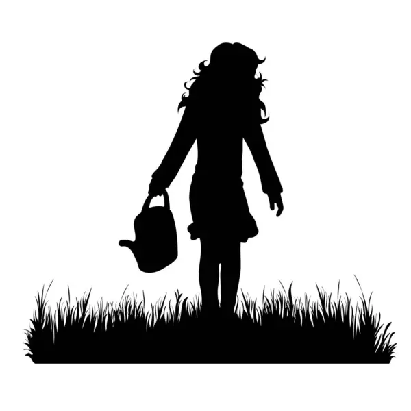 Vector silhouette of child work in the garden on white background. Symbol of girl, wet, grass, infant, childhood, nature, park, garden.