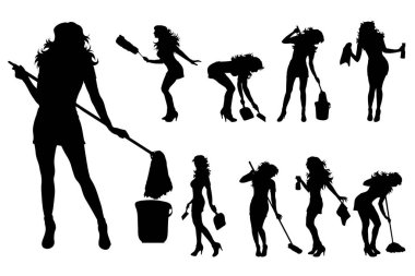 Beyaz arka planda farklı pozlarda kadın koleksiyonunun vektör silueti. Kızların sembolü, insanlar, sağlıklı, dans, vücut.