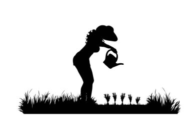 Bahçıvanın vektör silueti bahçede çalışıyor. Kız, alet, iş, insanlar, alan, çiftlik, bakım sembolü.