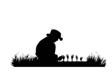 Bahçıvanın vektör silueti bahçede çalışıyor. Oğlanın, çocuğun, aracın, işin, insanların, tarlanın, çiftliğin, bakımın sembolü.