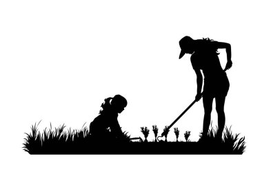 Bahçıvanın vektör silueti bahçede çalışıyor. Kız, aile, anne, çocuk, araç, iş, insanlar, tarla, çiftlik, bakım sembolü.
