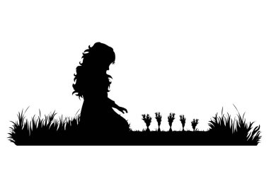 Bahçıvanın vektör silueti bahçede çalışıyor. Kız, çocuk, iş, insanlar, tarla, çiftlik, bakım sembolü.