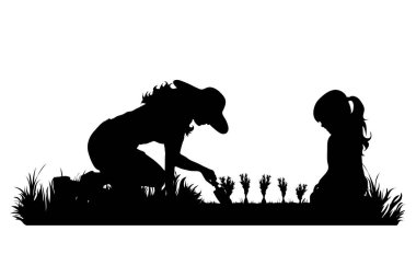 Bahçıvanın vektör silueti bahçede çalışıyor. Kız, aile, anne, çocuk, araç, iş, insanlar, tarla, çiftlik, bakım sembolü.