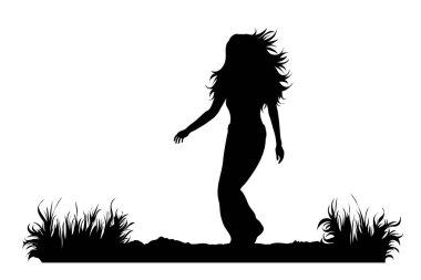 Beyaz arka planda doğada yürüyen bir kadının vektör silueti. Kız, insan, spor, eğitim, yol, park, bahçe sembolü.
