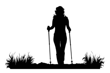 Kuzeylilerle birlikte beyaz arka planda yürüyen bir kadının vektör silueti. Kız, insan, spor, yürüyüş, patika, park sembolü.