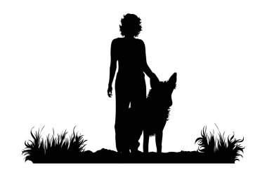 Köpeğiyle beyaz arka planda duran bir kadının vektör silueti. Kız, insan, spor, yürüyüş, yol, evcil hayvan, park sembolü.