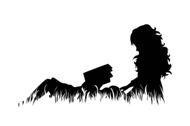 Çimenlerde oturan ve beyaz arka planda kitap okuyan kardeşlerin vektör silueti. Kız, kız kardeş, arkadaşlar, aile, bebek, çocukluk, doğa, park, bahçe sembolü.