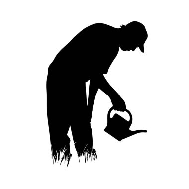 Bahçıvanın vektör silueti bahçede çalışıyor. Erkeğin sembolü, yaşlı, büyükbaba, alet, iş, insanlar, tarla, çiftlik, bakım.