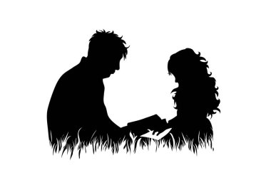 Büyükbabasının ve torununun vektör silueti çimlerin üzerinde oturup beyaz arka plan üzerine kitap okuyor. Aile sembolü, ilgi, sevgi, doğa, park, bahçe.