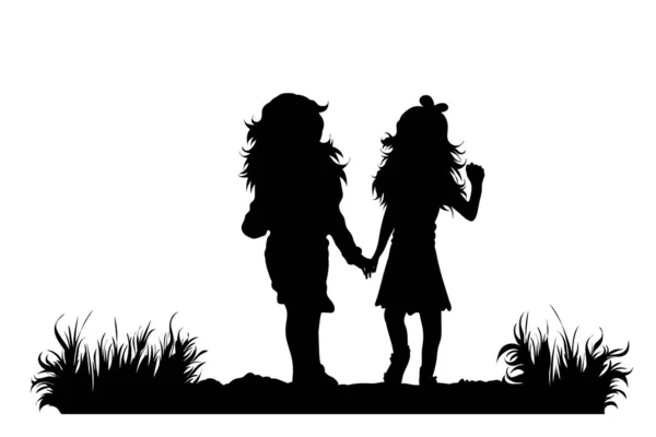 Vector silhouette of siblings walking on the path on white background. Symbol of girl, sister, friends, family, infant, childhood, nature, park, garden.