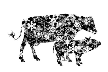 Beyaz arka planda karlı tavşan silueti. Kışın kar taneleri olan ormanların sembolü.