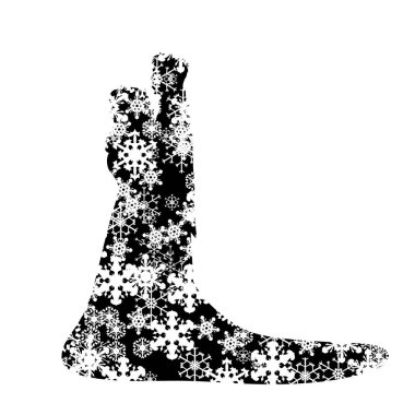 Beyaz arka planda karlı tavşan silueti. Kışın kar taneleri olan ormanların sembolü.