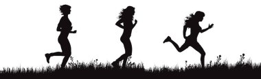 Vector silhouette of running women on white background. Symbol of jogging girls on the meadow. clipart