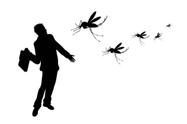Sivrisinekleri beyaz arka planda kaçıran adamın vektör silueti. Sinir bozucu böceğin sembolü.