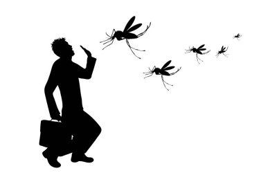 Vector silhouette of man who crying to mosquito on white background. Symbol of annoying insect. clipart