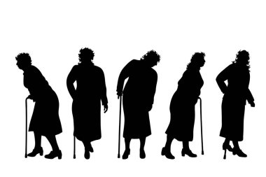 Beyaz arka planda şişman yaşlı kadınların vektör silueti. Sopayla farklı pozlarda duran bayanın sembolü.