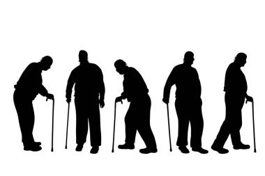 Beyaz arka planda yaşlı obez adamların vektör silueti. Dedemin sopayla farklı pozlardaki sembolü..