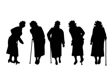 Beyaz arka planda şişman yaşlı kadınların vektör silueti. Sopayla farklı pozlarda duran bayanın sembolü.