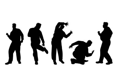 Beyaz arka planda obez orta yaşlı adamların silueti. Farklı poziyondaki kişinin sembolü.