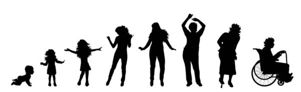 Vector silhouette of woman in different age on white background. Symbol of generation from child to old person.