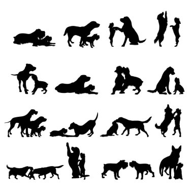Köpek koleksiyonunun vektör silueti beyaz arka planda birlikte oynuyor. Evcil hayvan ve dostluğun sembolü.