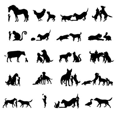Köpek koleksiyonunun vektör silueti beyaz arka planda diğer hayvanlarla birlikte oynuyor. Evcil hayvan ve dostluğun sembolü.