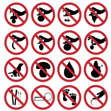 Beyaz arkaplanda farklı yasaklama işaretlerinin toplanması için vektör illüstrasyonu.