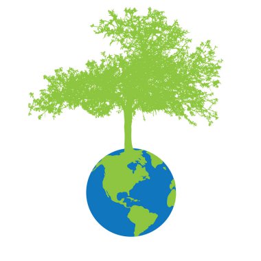 Beyaz arka planda ağaç yetiştirdiği dünyanın vektör silueti. Gezegeni kurtarmanın sembolü.