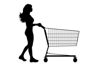 Kadın silueti beyaz arka planda alışveriş arabasını itiyor. Mağaza aksesuarlarının sembolü.