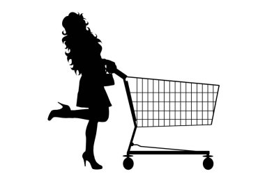 Kadın silueti beyaz arka planda alışveriş arabasını itiyor. Mağaza aksesuarları ve satış sembolü.