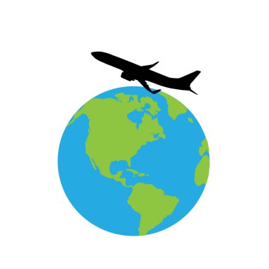 Beyaz zemin üzerinde uçaklar olan dünyanın vektör illüstrasyonu. Gezegen etrafında seyahat sembolü.