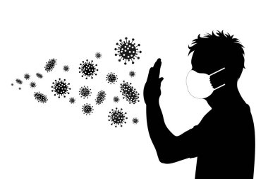 İsimsiz bir adamın vektör silueti beyaz arka planda tıbbi maskeli dur virüsü hareketi gösteriyor. Sağlıklı ve hastalığın sembolü. Koronavirüs tehlikesi.