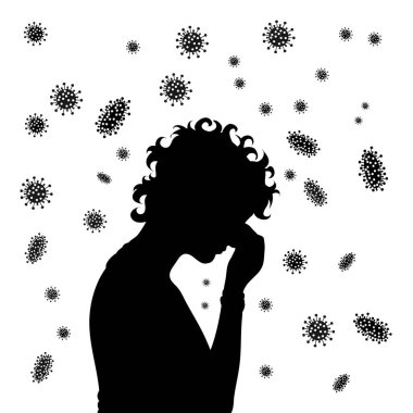 Beyaz arka plana bakteri saçan kadın silueti. Hastalık ve koronavirüsün sembolü..