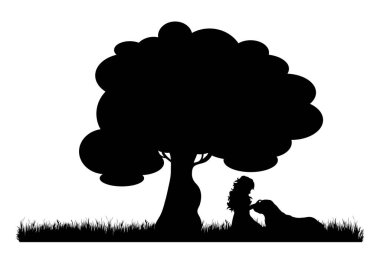 Ağacın altında oturan ve beyaz arka planda köpekle oynayan kızın vektör silueti. Doğanın ve hayvanın sembolü..