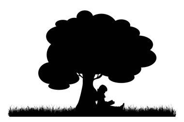 Ağacın altında oturan ve beyaz arka plan üzerine kitap okuyan bir kızın vektör silueti. Doğanın ve dinlenmenin sembolü.