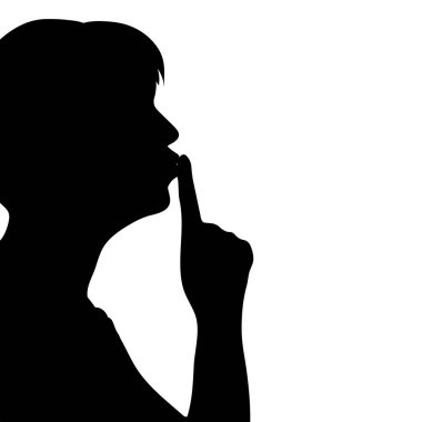 Beyaz arka planda sessizlik jesti olan isimsiz bir kadının silueti. İnsanların ve profilin sembolü.