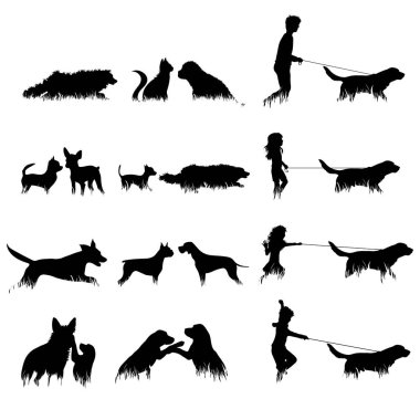 Beyaz arka planda çimenlerdeki çocuk ve hayvanların vektör siluetinin toplanması. Çocukluğun sembolü.